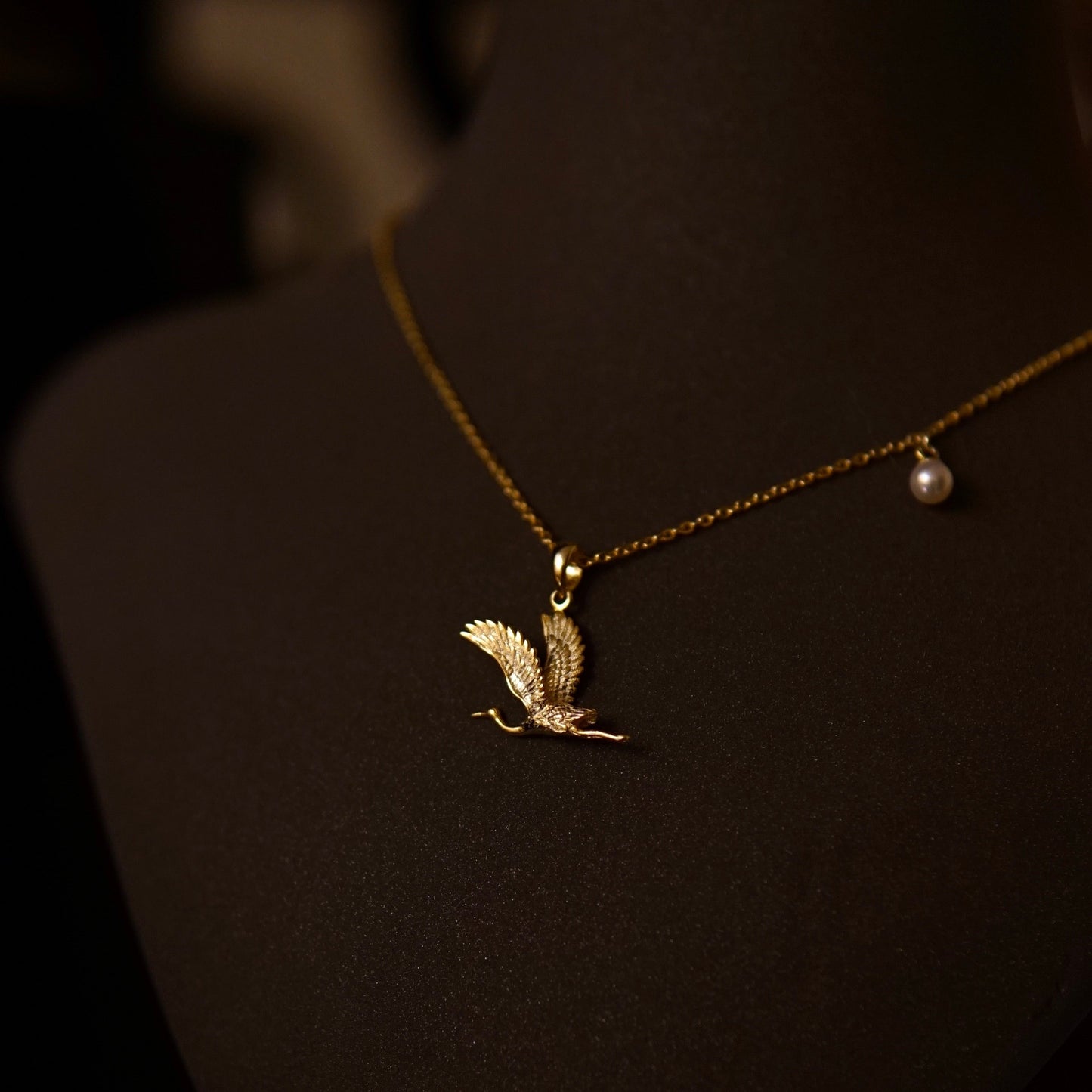 Crane Necklace, 18K Gold-Plated Sterling Silver (S925) with Pearl Accent, Elegant Symbolic Jewelry Design