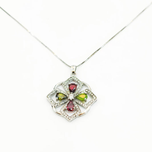 Tourmaline Multicolored Natural Gemstone Pandent Necklace, S925 Sterling Silver, Perfect Gift & Fashion Elegant Accessory