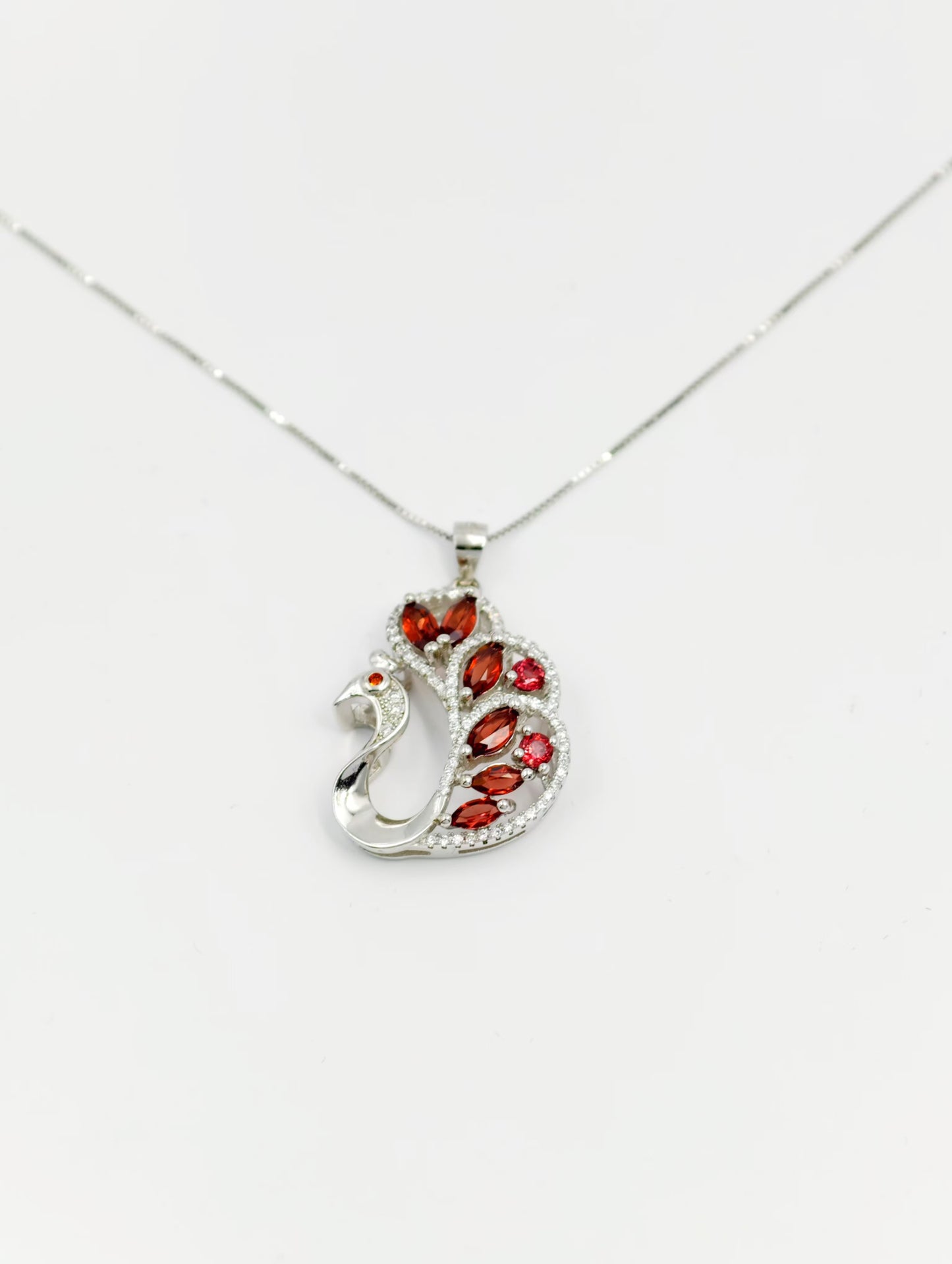 Peacock Natural Garnet Pendant Necklace, S925 Sterling Silver, Red Gemstone, Perfect Gift & Fashion Accessory for Girls