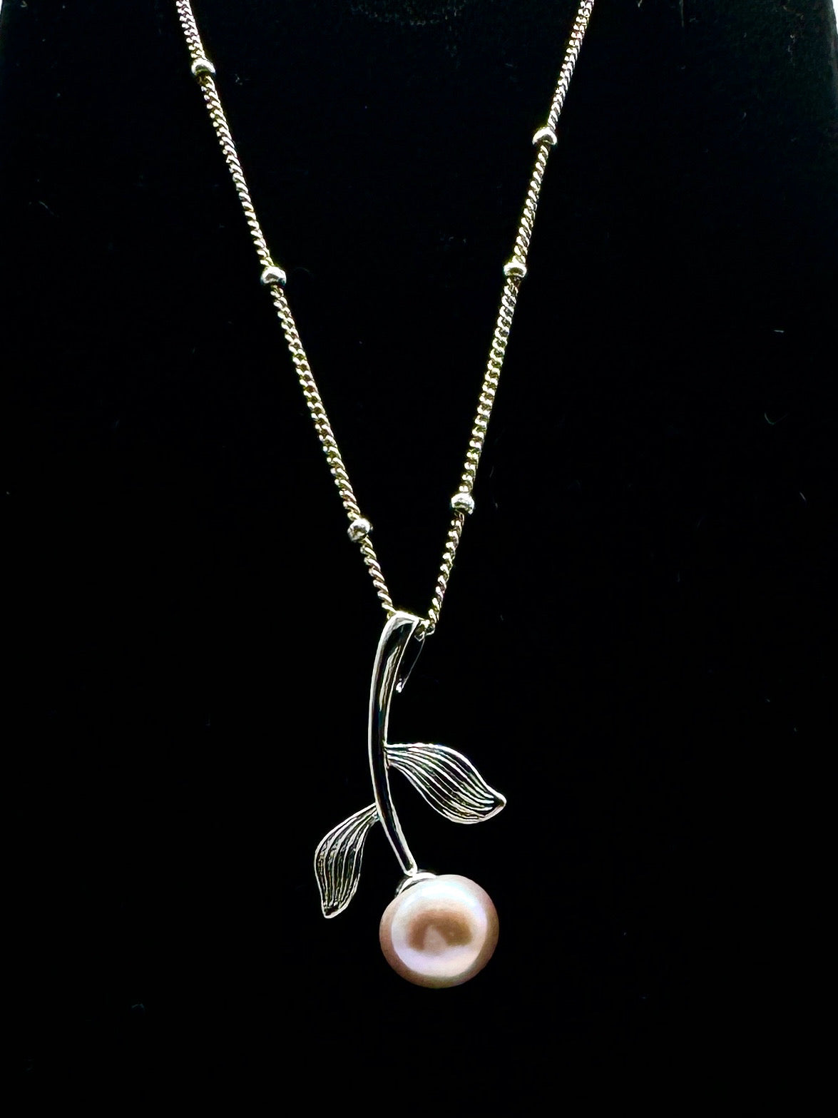 Leaf and Flower Necklace with Pink Freshwater Pearl - Gold or Silver Plated Copper, Nature-Inspired Jewelry