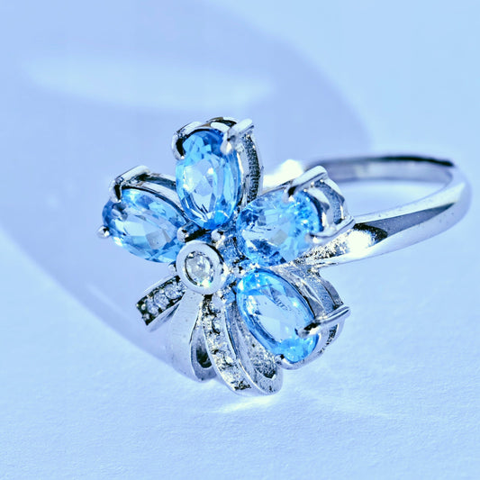 Natural Blue Topaz Flower Gemstone Ring, S925 Sterling Silver, Premium Natural Gemstone – Luxury Fine Jewelry Gift