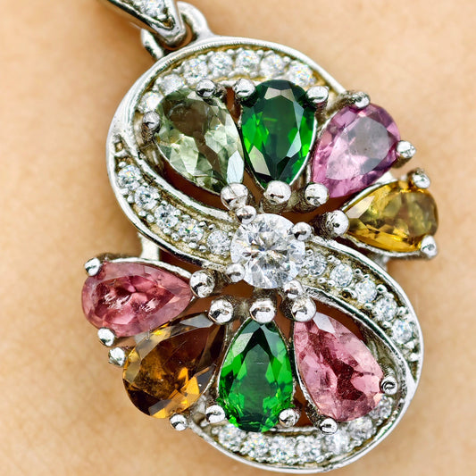 Tourmaline Multicolored Gemstone Necklace Pendant, S925 Sterling Silver, Premium Natural Gemstone – Luxury Fine Jewelry