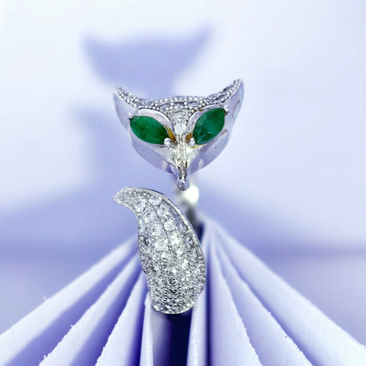 Fox Ring, S925 Sterling Silver, Natural Emerald Gemstone – Unique Animal-Themed Gemstone Design Jewelry