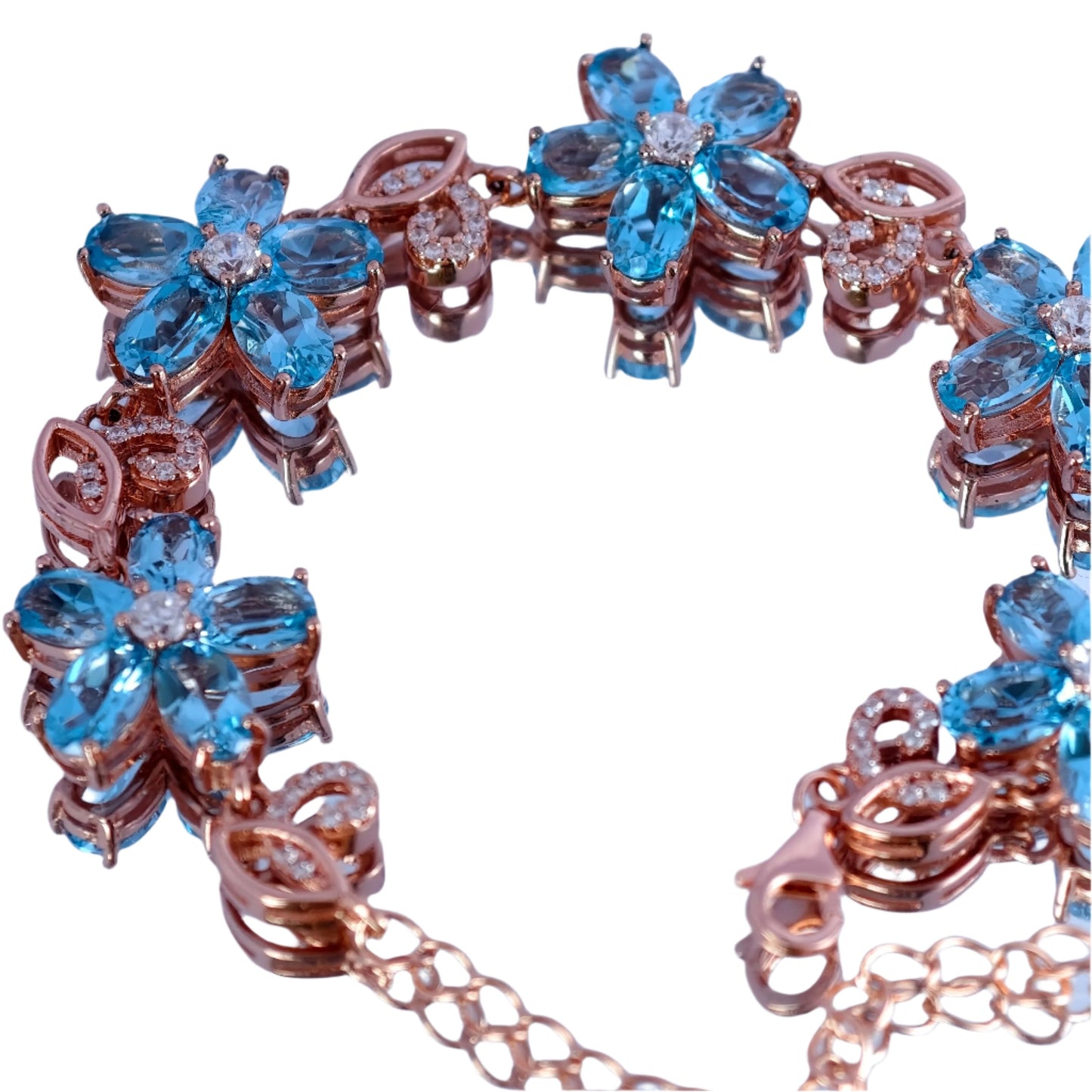 Blue Topaz Flower Bracelet, S925 Sterling Silver, Premium Natural Gemstone – Elegant Floral Gemstone Jewelry