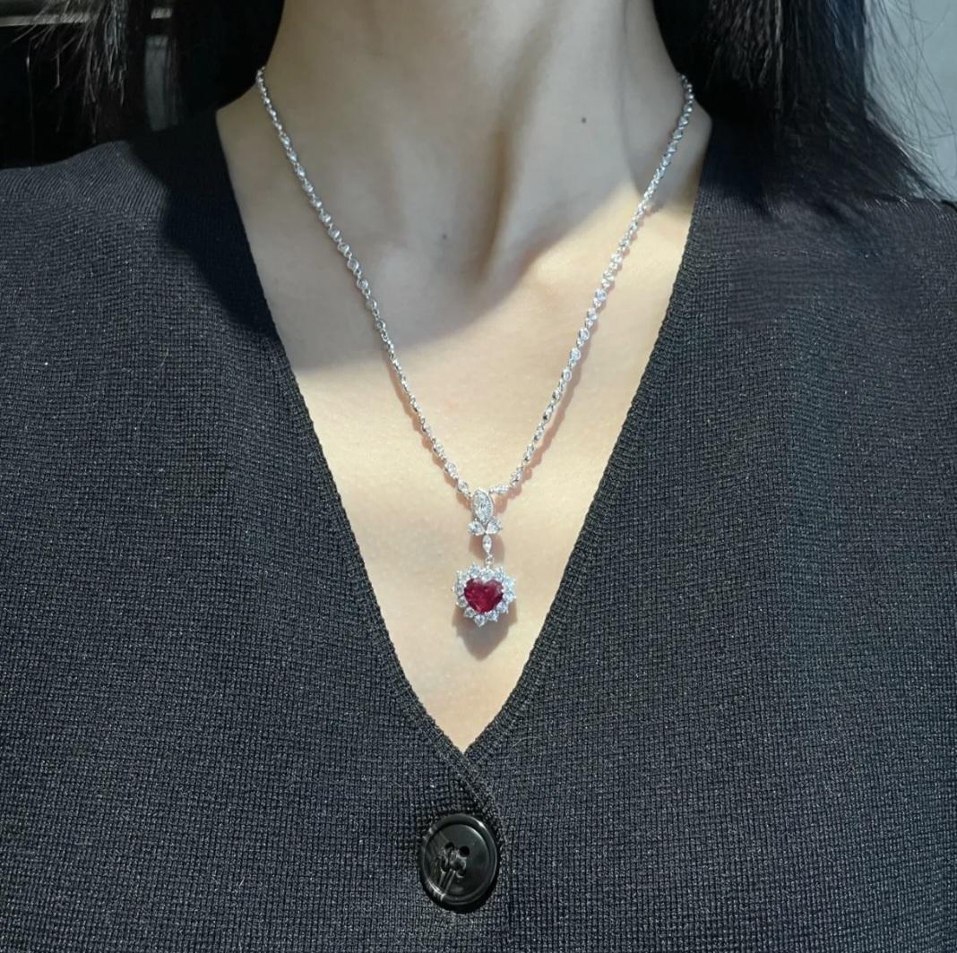 Heart-Shaped Pigeon Blood Red 3ct Gemstone Necklace, Lab-Grown Diamonds, S925 Sterling Silver, Romantic Jewelry, Elegant Valentine's Day Gift for Her