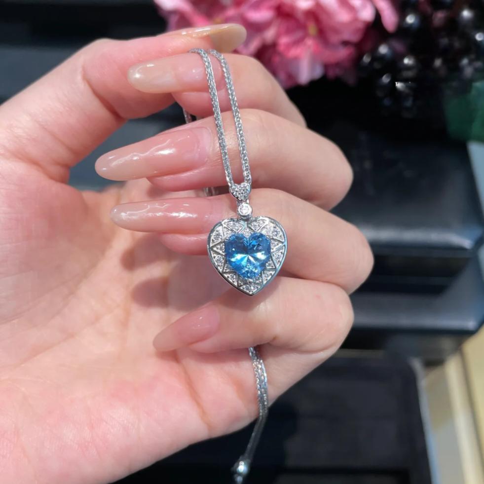 Aquamarine Ocean Blue Heart Pendant Necklace S925, Gift of love