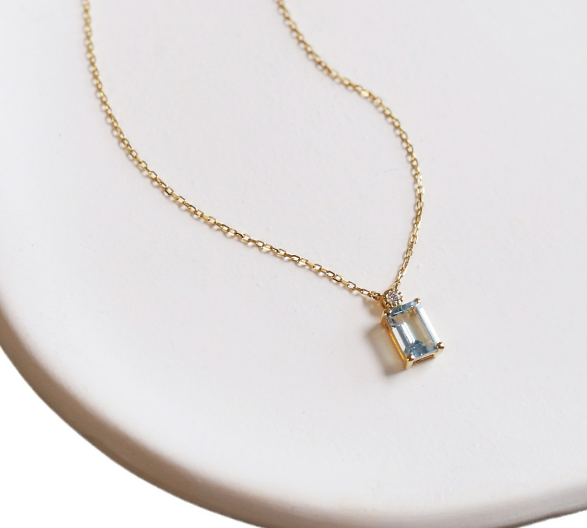 Rectangular Aquamarine Necklace S925 Sterling Silver with 18K Gold Plating - Women's Collarbone Chain, March Birthstone