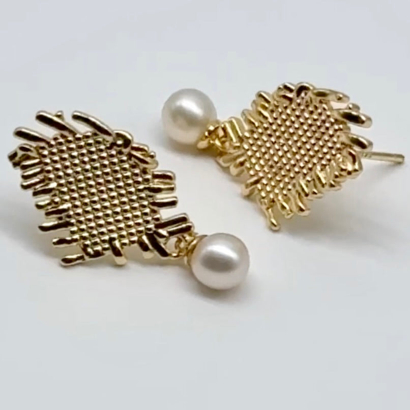 Weave Earrings with White Pearl - Gold or Silver Plated Copper, Unique Exquisite Woven Fabric Texture