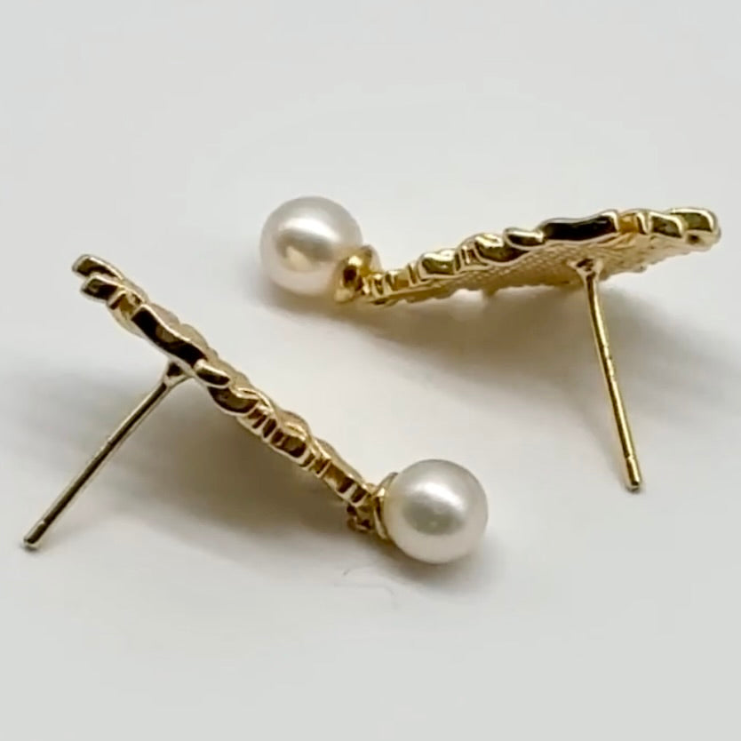 Weave Earrings with White Pearl - Gold or Silver Plated Copper, Unique Exquisite Woven Fabric Texture