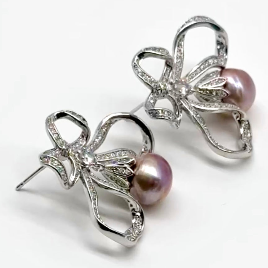 Romantic Bowtie Earrings with Pink-Purple Pearl - Ribbon Bow-Inspired, Sweet and Elegant Fashion Jewelry for Women