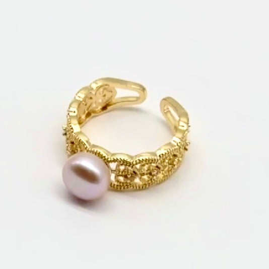 Lace Tapered Ring with Pink Pearl - Gold Metal Band, Intricate Elegant Vintage-Inspired Jewelry for Women