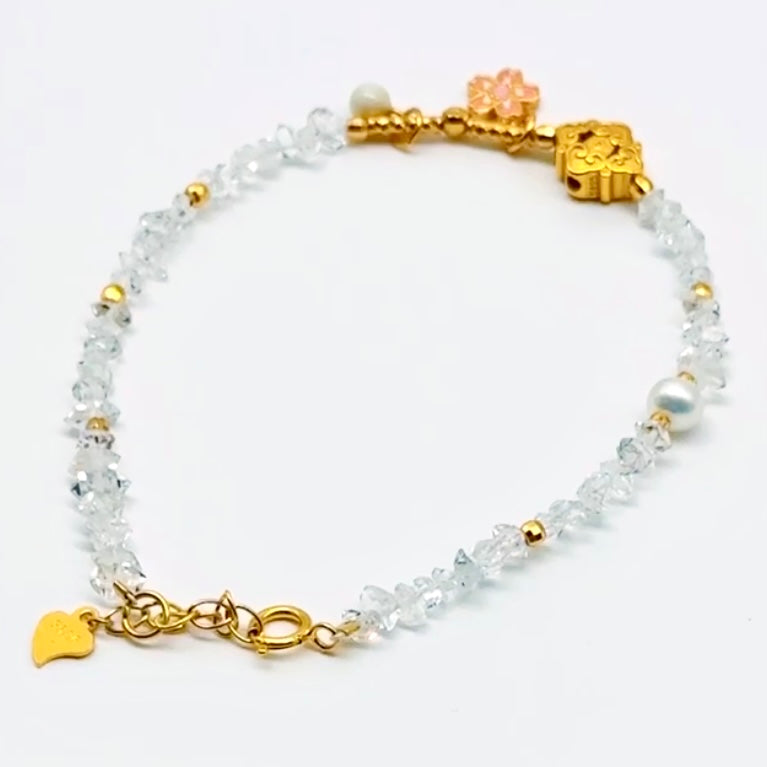 Herkimer Diamond Bracelet - Cherry Blossom Pendant, Unique Semiprecious Stones with Gold-Plated S925 Sterling Silver Accents, Elegant Design