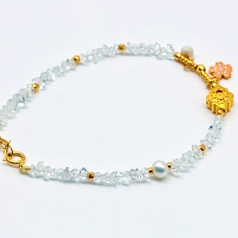 Herkimer Diamond Bracelet - Cherry Blossom Pendant, Unique Semiprecious Stones with Gold-Plated S925 Sterling Silver Accents, Elegant Design