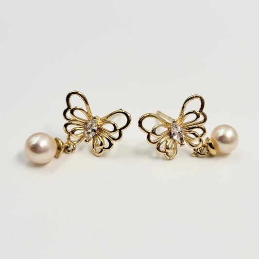 Butterfly Earrings with Pearls & White Gemstones - Gold or Silver-Plated Copper - Elegant Fashion Jewelry for Women