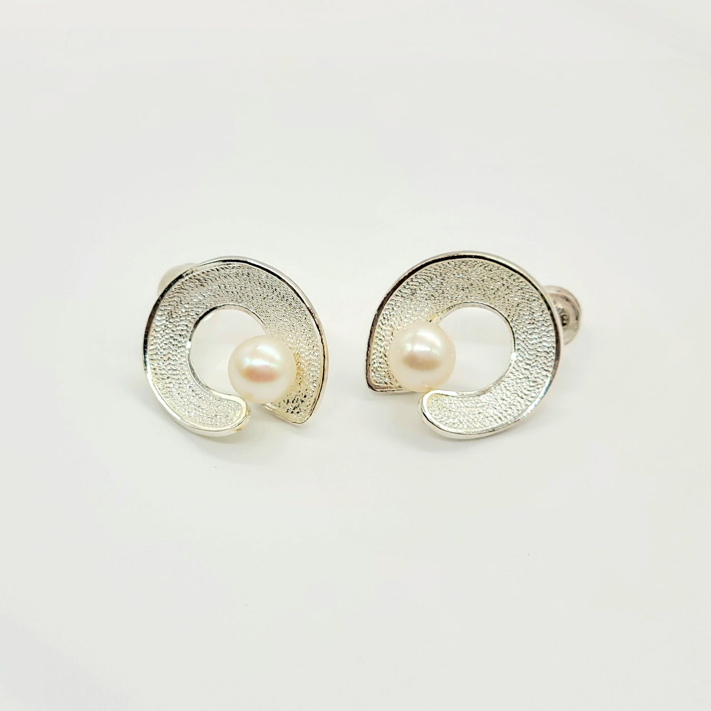 Sheep's Horn Earrings, S925 Sterling Silver with White Pearl, Minimalist Design