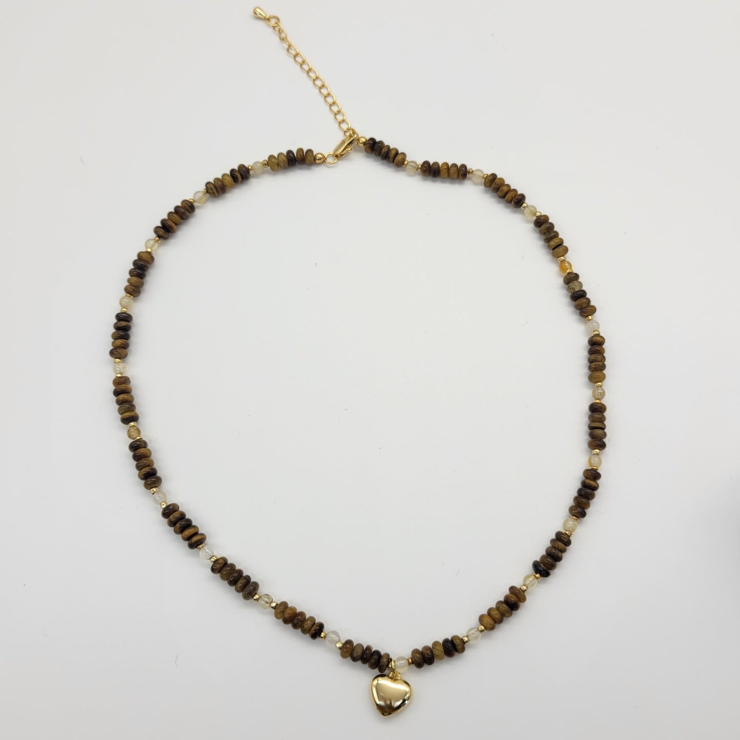 Tiger’s Eye Beaded Collarbone Necklace, Natural Stone 18K Gold Plated S925 Sterling Silver, Heart Pendant, Autumn Boho Style