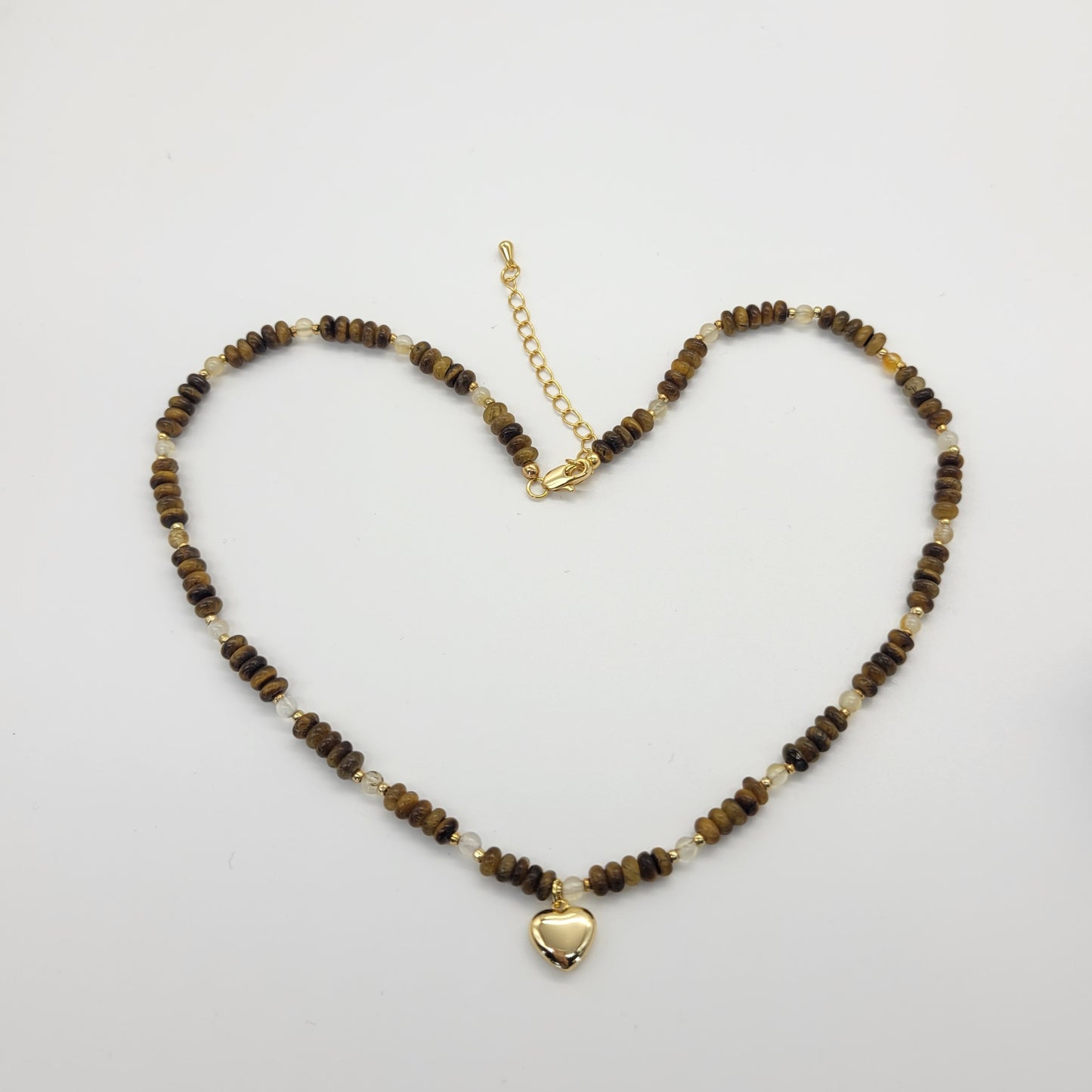 Tiger’s Eye Beaded Collarbone Necklace, Natural Stone 18K Gold Plated S925 Sterling Silver, Heart Pendant, Autumn Boho Style