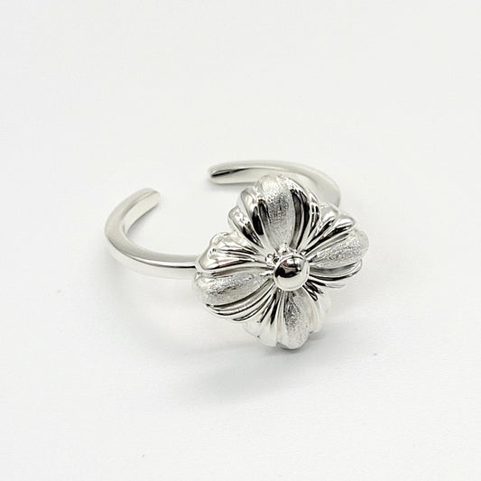 Four-Leaf Clover Open Ring, S925 Sterling Silver, Elegant Minimalist Lucky Charm Band Adjustable Textured Design