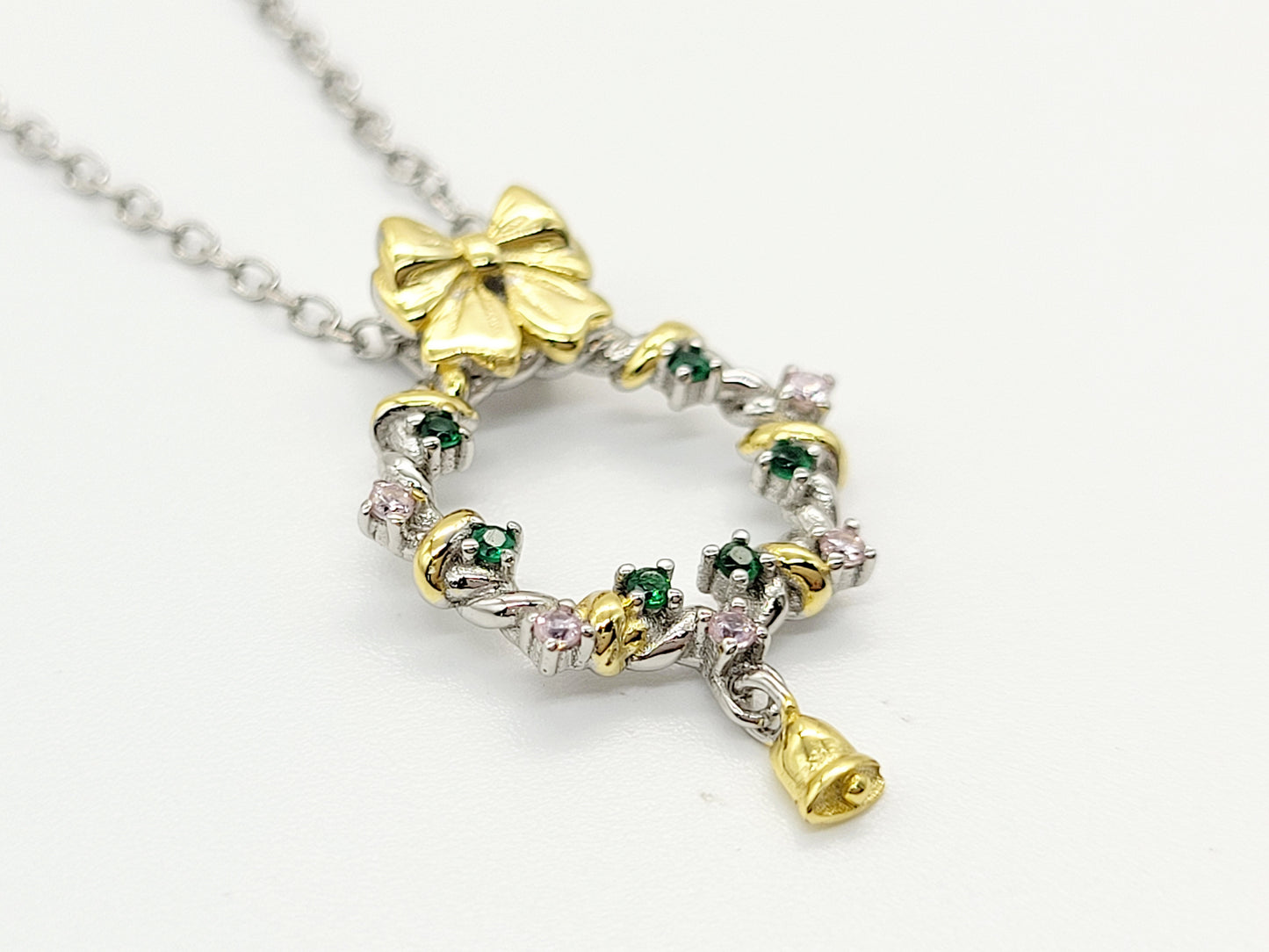 Christmas Bell Wreath Necklace, S925 Sterling Silver with Gold Accents and Colors Gemstones, Festive Holiday Jewelry