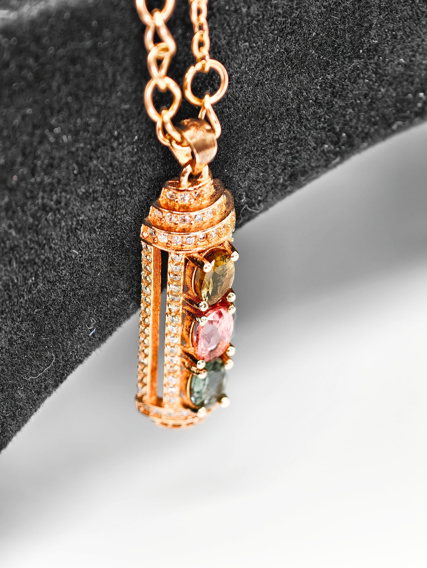 Column Natural Multicolor Tourmaline Pendant Necklace - S925 Sterling Silver, Hollow Cylinder Design with Sparkling, Unique Gemstone Jewelry for Women