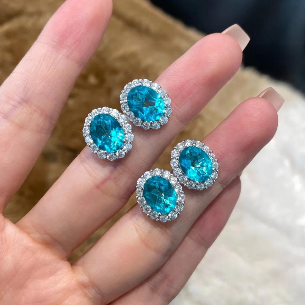 Paraiba Blue 3ct Gemstone Jewelry Set 925 Sterling Silver - Neon Style Princess Diana Inspired Stud Earrings and Necklace with Simulated Diamonds