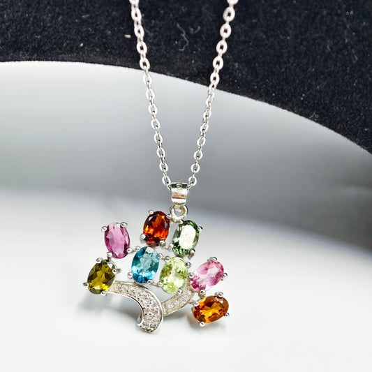 Tree-Design Tourmaline Pendant Necklace - S925 Sterling Silver, Premium Natural Colorful Gemstone Jewelry, Unique Gift for Nature Lovers