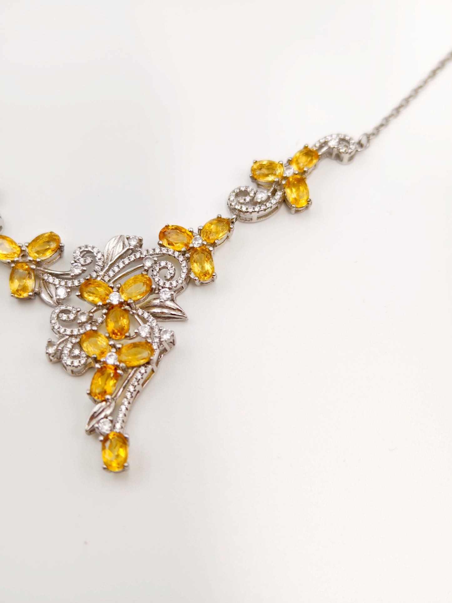 Lace Natural Citrine Necklace, S925 Sterling Silver, Intricate Elegant Vintage-Inspired Jewelry for Women, Luxury Accessary