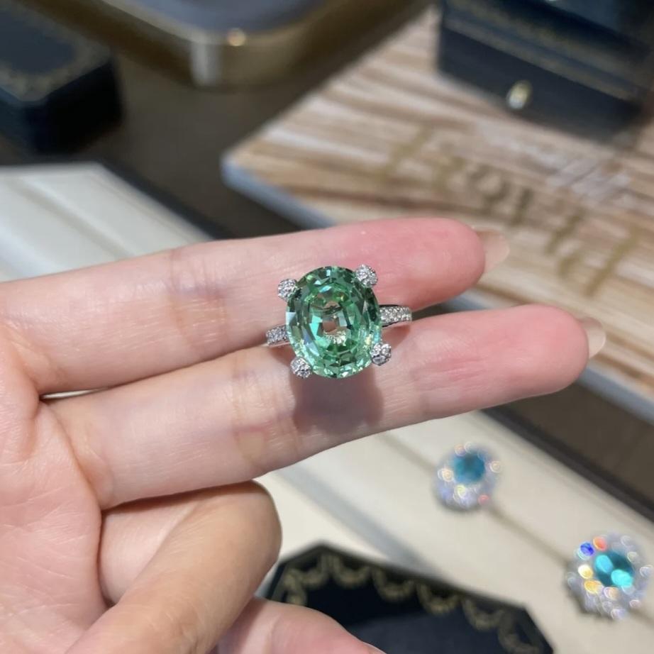 Mint Green 6ct Tourmaline Ring with Lab-Grown Diamonds Accents in S925 Sterling Silver - Elegant Vintage Style, Birthstone Jewelry