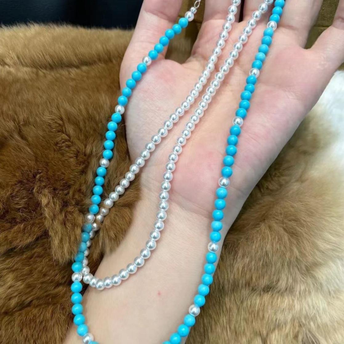 Turquoise and Synthetic Pearl Beaded Necklace - Double Strand Design for Women