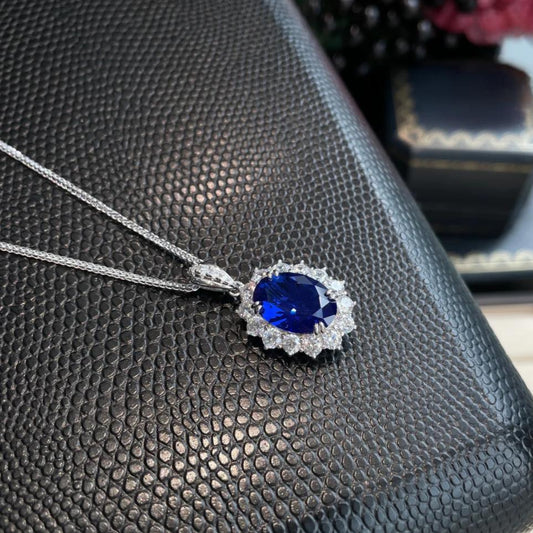 8ct Classic Royal Blue Gemstone Necklace 925 Sterling Silver - Princess Diana Inspired Design with Simulated Diamonds