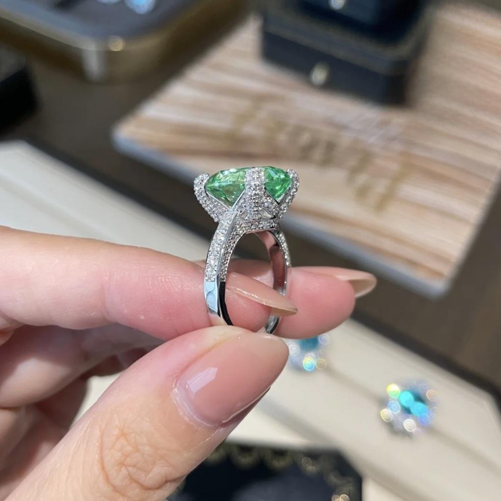 Mint Green 6ct Tourmaline Ring with Lab-Grown Diamonds Accents in S925 Sterling Silver - Elegant Vintage Style, Birthstone Jewelry