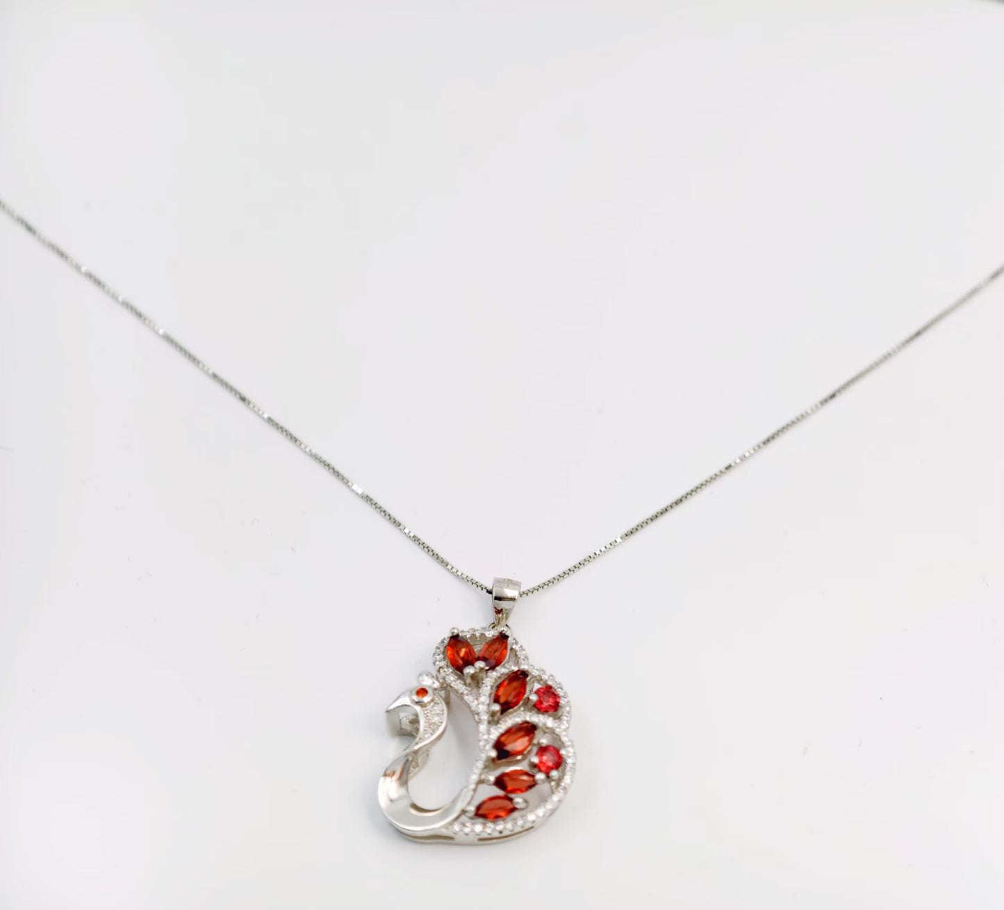 Peacock Natural Garnet Pendant Necklace, S925 Sterling Silver, Red Gemstone, Perfect Gift & Fashion Accessory for Girls