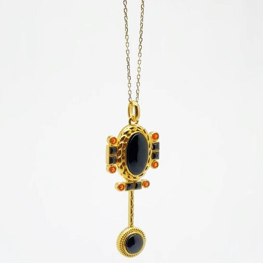 Vintage Black Onyx Pendant, unique semiprecious stones, gold color plated alloy