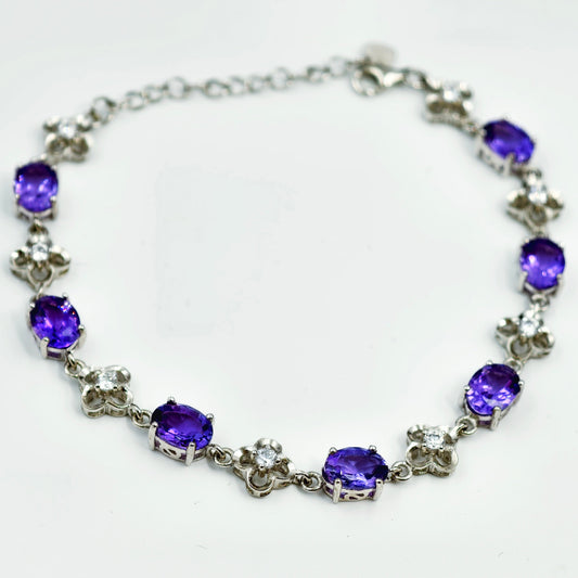 Natural Amethyst Bracelet, S925 Sterling Silver,  Elegant Purple Crystal Jewelry Fashion February Birthstone for Women