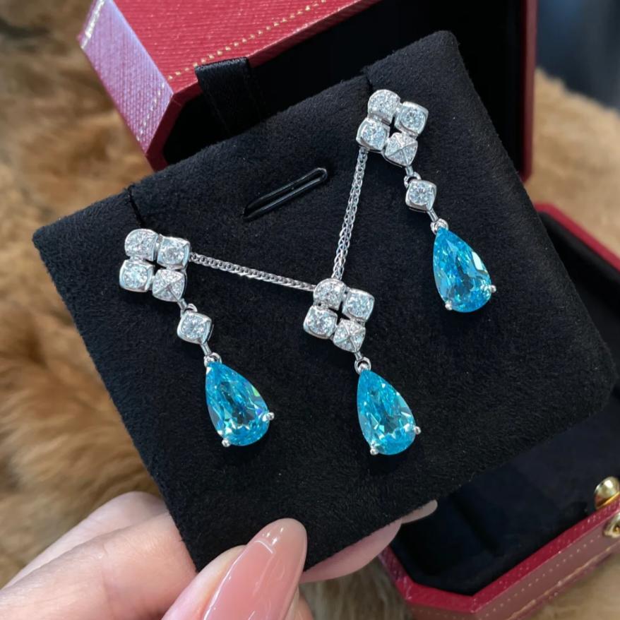 Stunning Aquamarine Chinese Knot Earrings and Necklace Set in S925 Sterling Silver - Elegant Perfect Gift