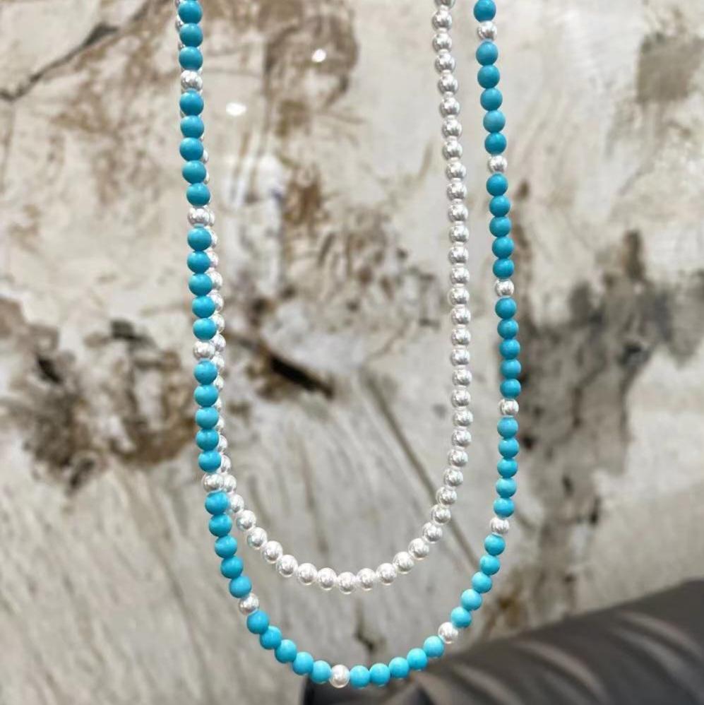 Turquoise and Synthetic Pearl Beaded Necklace - Double Strand Design for Women