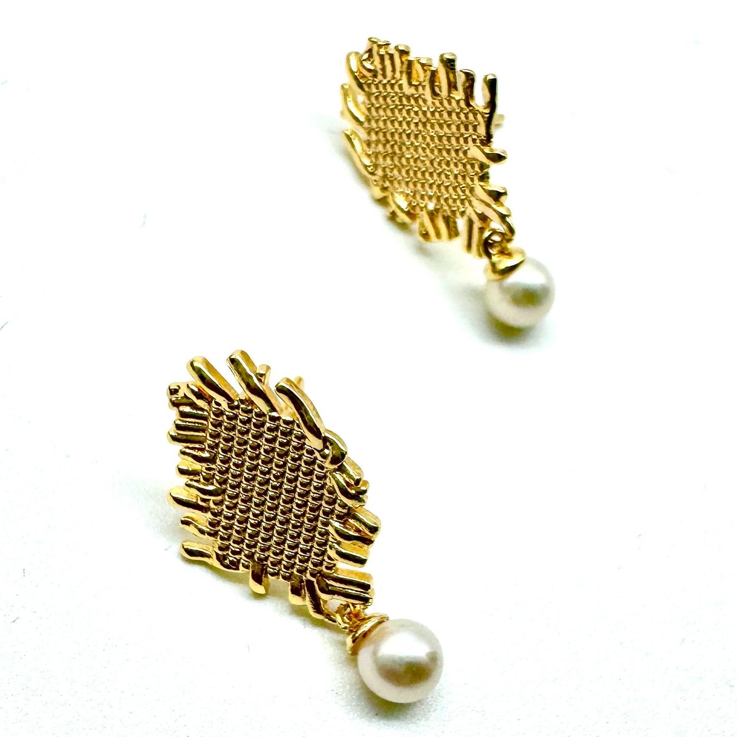 Weave Earrings with White Pearl - Gold or Silver Plated Copper, Unique Exquisite Woven Fabric Texture