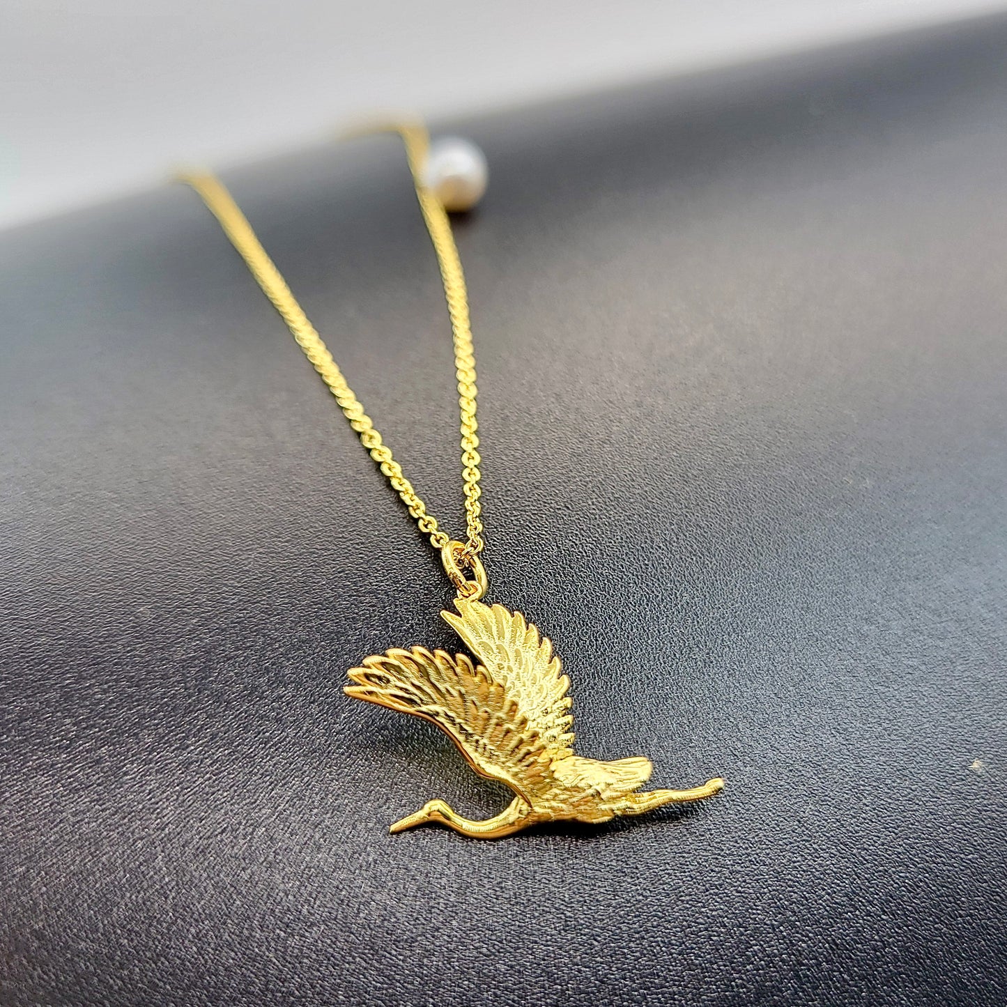 Crane Necklace, 18K Gold-Plated Sterling Silver (S925) with Pearl Accent, Elegant Symbolic Jewelry Design