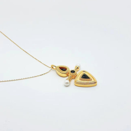 Vintage Cat's Eye Opal Black Agate Pendant, unique semiprecious stones, gold color plated alloy