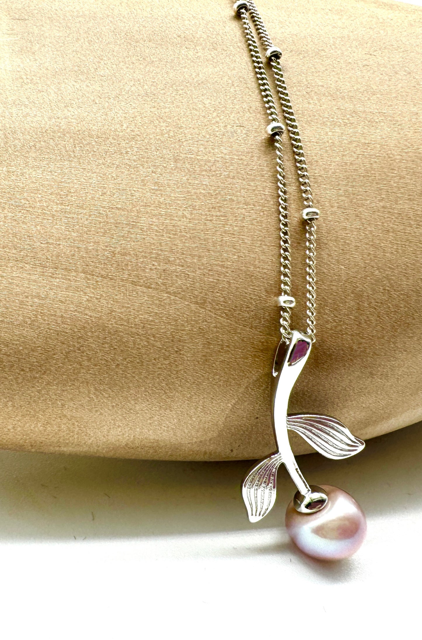 Leaf and Flower Necklace with Pink Freshwater Pearl - Gold or Silver Plated Copper, Nature-Inspired Jewelry