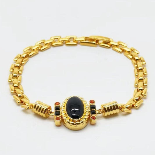 Vintage Black Onyx Bracelet - Gold-Plated Alloy Chain Design with Unique Semiprecious Stone, Retro-Inspired Statement Jewelry