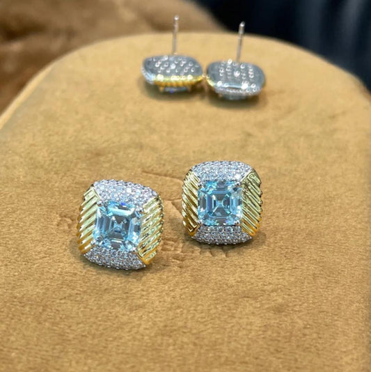 Asscher-Cut Blue 2ct Gemstone Earrings, S925 Sterling Silver, Fashion and Casual Studs