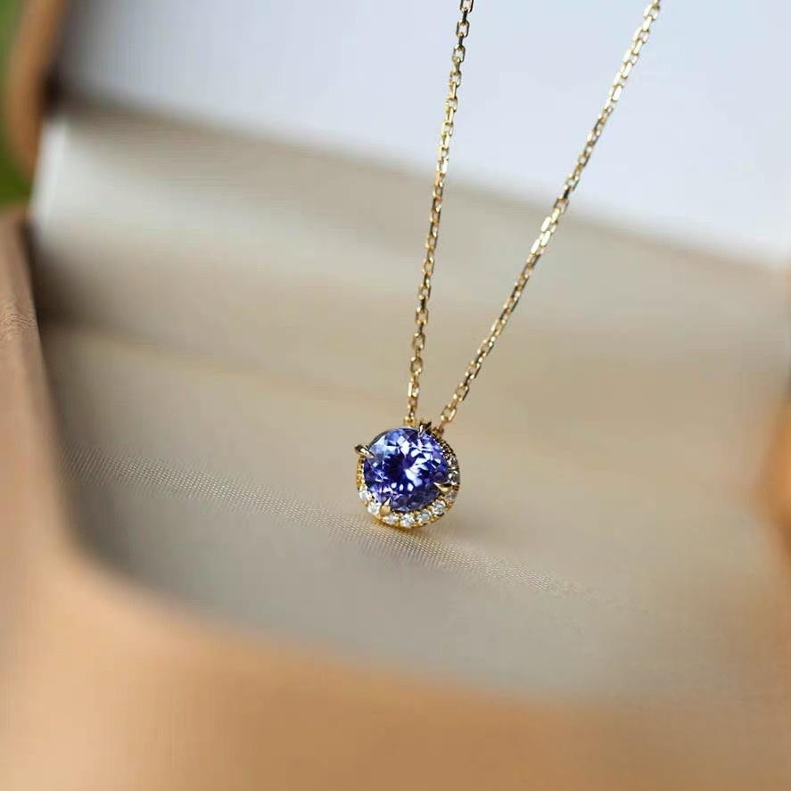 Natural Tanzanite Necklace S925 Sterling Silver with Gold Plating - Purple Blue Gemstone Women's Collarbone Chain, December Birthstone