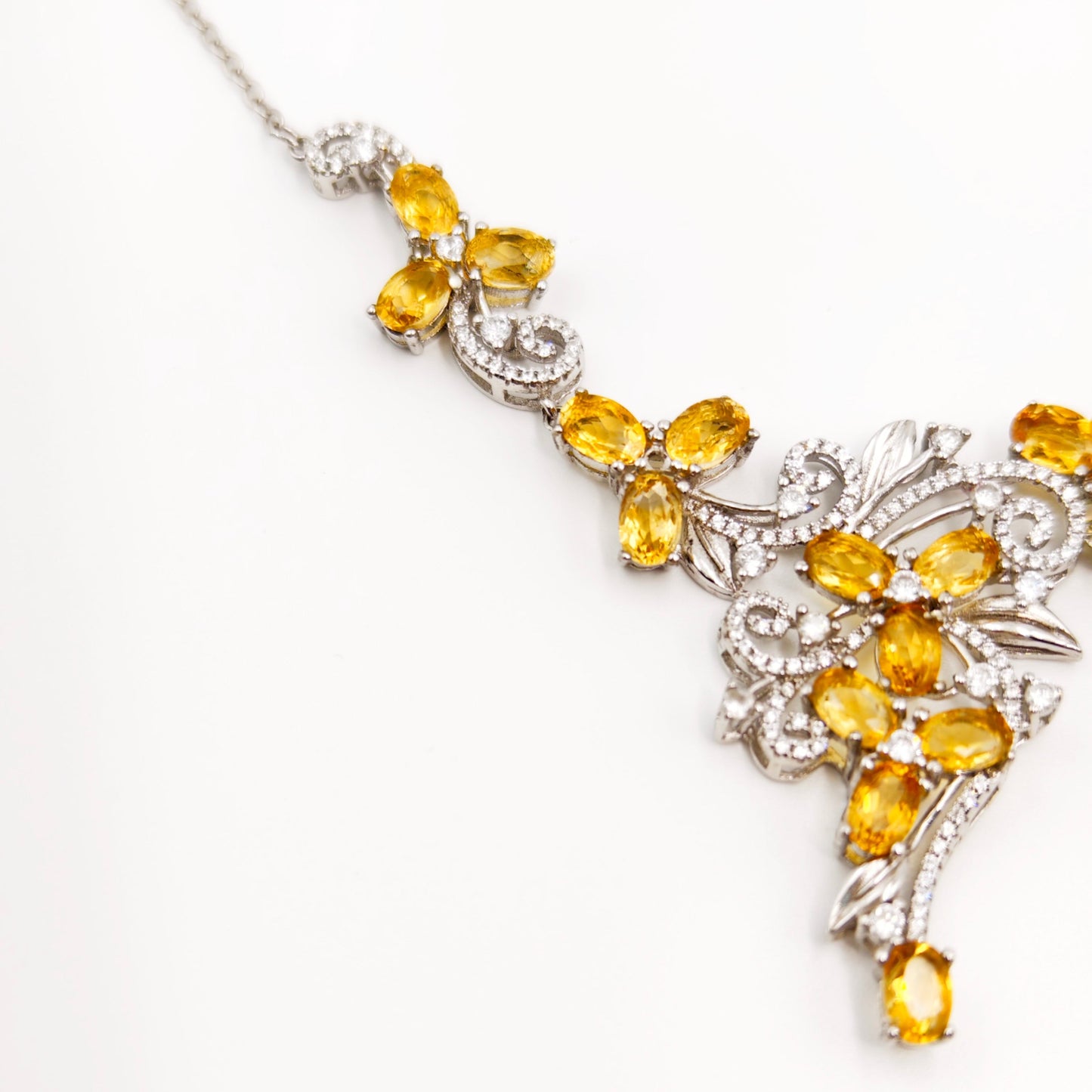 Lace Natural Citrine Necklace, S925 Sterling Silver, Intricate Elegant Vintage-Inspired Jewelry for Women, Luxury Accessary