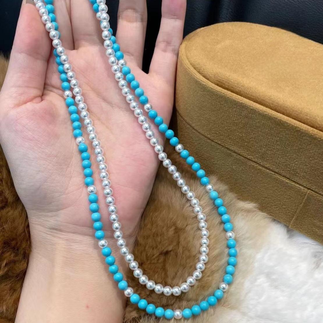 Turquoise and Synthetic Pearl Beaded Necklace - Double Strand Design for Women