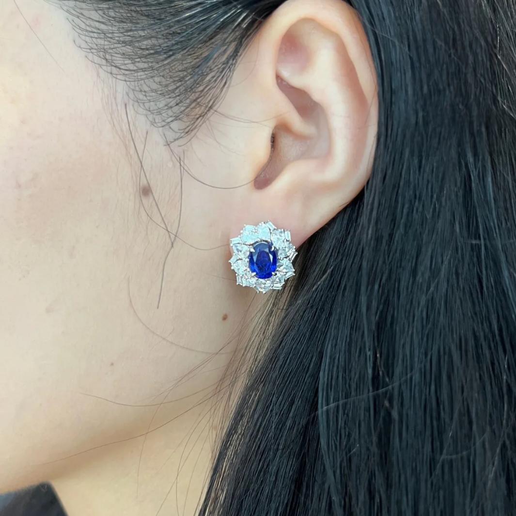 Royal Blue Princess Diana Style Vintage Earrings, S925, 2.5ct/2ct Simulated Sapphire, Surrounded by White Simulated Diamonds