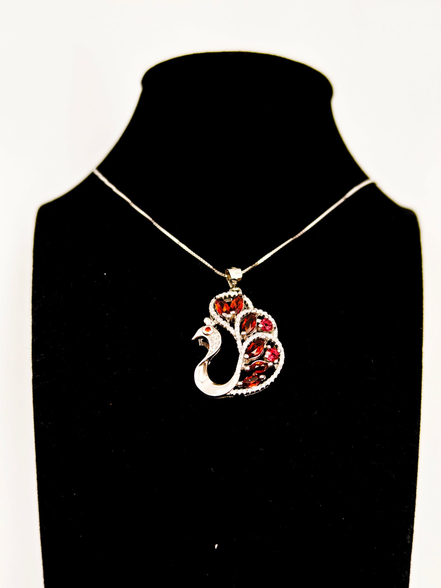 Peacock Natural Garnet Pendant Necklace, S925 Sterling Silver, Red Gemstone, Perfect Gift & Fashion Accessory for Girls