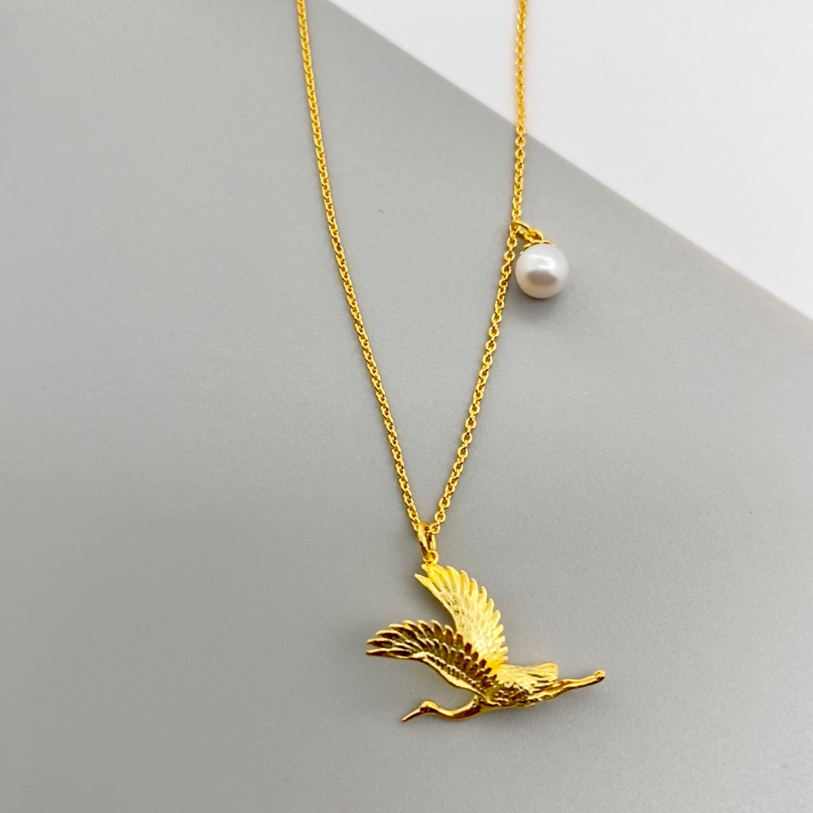 Crane Necklace, 18K Gold-Plated Sterling Silver (S925) with Pearl Accent, Elegant Symbolic Jewelry Design