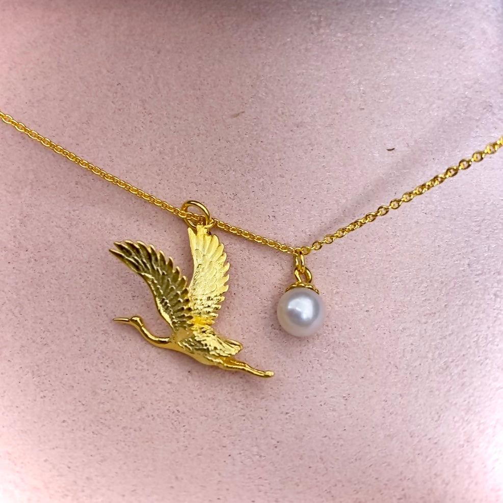 Crane Necklace, 18K Gold-Plated Sterling Silver (S925) with Pearl Accent, Elegant Symbolic Jewelry Design