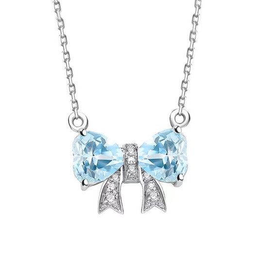 Bowknot Natural Topaz Pendant Necklace S925 Sterling Silver Collarbone Chain - Sweet Style, November Birthstone